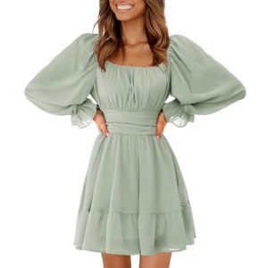Women's 2025 Casual Long Lantern Sleeve Dresses Square Neck Ruffle Tie Back Elastic Waist Aline Short Mini Dress