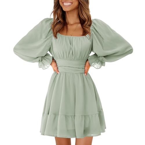 Women's 2025 Casual Long Lantern Sleeve Dresses Square Neck Ruffle Tie Back Elastic Waist Aline Short Mini Dress