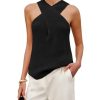 Women Halter Cross Over Collar Tank Knit Sleeveless Top Solid Color Casual Summer Blouse