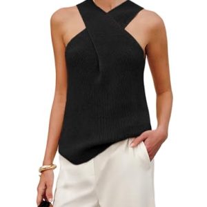 Women Halter Cross Over Collar Tank Knit Sleeveless Top Solid Color Casual Summer Blouse