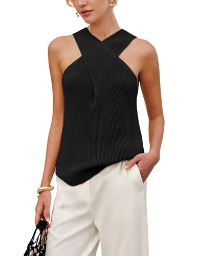 Women Halter Cross Over Collar Tank Knit Sleeveless Top Solid Color Casual Summer Blouse