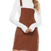 Womens Casual Corduroy Bib Knee Length Overalls Pinafore Midi Dress Jumpsuit（Brown-XS）