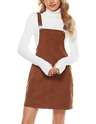 Womens Casual Corduroy Bib Knee Length Overalls Pinafore Midi Dress Jumpsuit（Brown-XS）