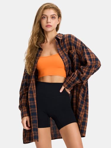 Womens Plaid Flannel Shacket Long Sleeve Button Down Shirts Long Jackets Oversized Spring Fashion Outfits 2025 Clothes