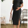 Women's Maternity Ribbed 2 Piece Outfits Short Sleeve Crop Top Bodycon Slit Midi Skirt Set