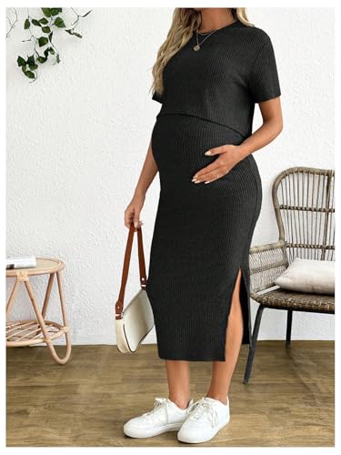 Women's Maternity Ribbed 2 Piece Outfits Short Sleeve Crop Top Bodycon Slit Midi Skirt Set