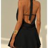 Women's Chiffon Open Back Halter Deep V Neck Ruffle Hem Sexy Party Night Mini Dress