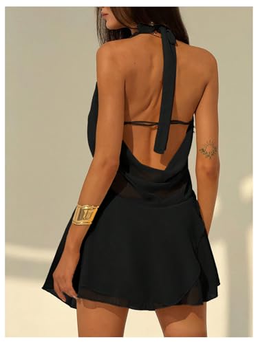 Women's Chiffon Open Back Halter Deep V Neck Ruffle Hem Sexy Party Night Mini Dress