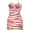 Women's Sexy Bustier Dress Ruched Bodycon Spaghetti Strap Party Night Mini Dress