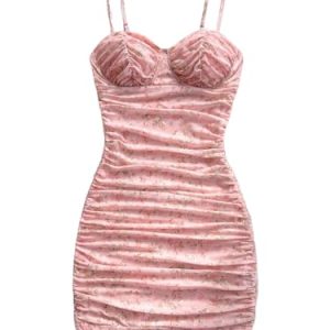 Women's Sexy Bustier Dress Ruched Bodycon Spaghetti Strap Party Night Mini Dress