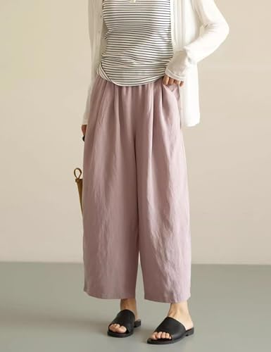 Womens Linen Pants Summer Casual Capris Cropped Wide Leg Beach Trousers with Pockets