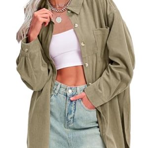 Womens Corduroy Shirts Oversized Button Down Long Sleeve Jacket Shackets Loose Blouses Fall Casual Outfits