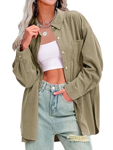 Womens Corduroy Shirts Oversized Button Down Long Sleeve Jacket Shackets Loose Blouses Fall Casual Outfits