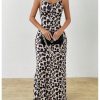 Women's Leopard Bodycon Cami Dress Cowl Neck Backless Long Maxi Dress Party Clubwear