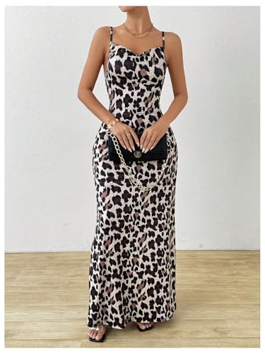 Women's Leopard Bodycon Cami Dress Cowl Neck Backless Long Maxi Dress Party Clubwear