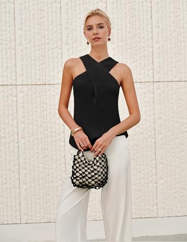 Women Halter Cross Over Collar Tank Knit Sleeveless Top Solid Color Casual Summer Blouse