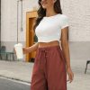Womens Casual Loose Elastic Drawstring Summer Beach Bermuda Pocketed Shorts