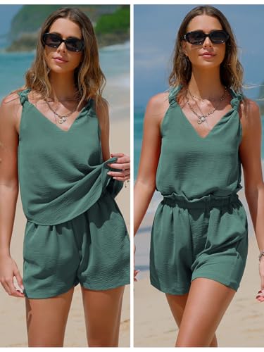 Womens Summer 2 Piece Sets Sleeveless V Neck Knotted Tank Tops Shorts Matching Sets Vacation Cruise Beach Outfits 2025
