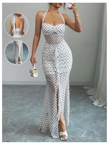 Women's Vintage Polka Dots Halter Ruched Bodycon Ruffle Slit Bodycon Party Maxi Dress