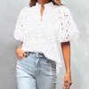 Women's Summer Tops 2025 Dressy Casual Short Sleeve V Neck Buttons Hollow Out Lace Embroidered Blouses Shirts