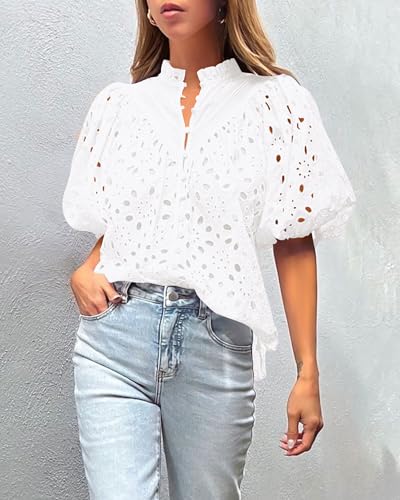 Women's Summer Tops 2025 Dressy Casual Short Sleeve V Neck Buttons Hollow Out Lace Embroidered Blouses Shirts