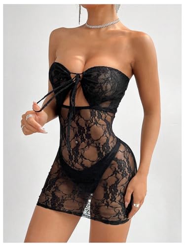Women's Sexy Sheer Lace Bodycon Strapless Mini Dress Cutout Party Club Tube Dress