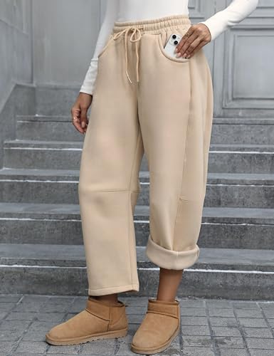 Womens Fleece Lined Sweatpants Barrel Leg High Waist Winter Joggers Cozy Home Travel Lounge Pants with Pockets