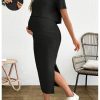 Women's Maternity Ribbed 2 Piece Outfits Short Sleeve Crop Top Bodycon Slit Midi Skirt Set