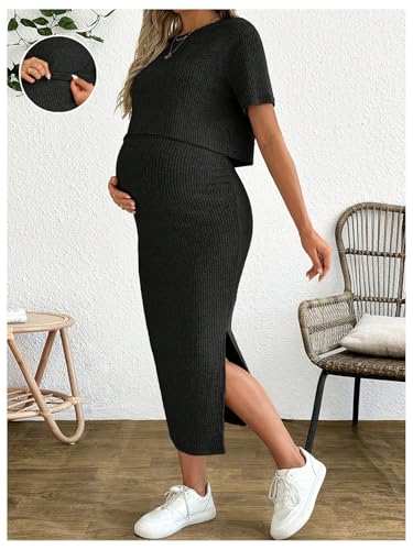 Women's Maternity Ribbed 2 Piece Outfits Short Sleeve Crop Top Bodycon Slit Midi Skirt Set