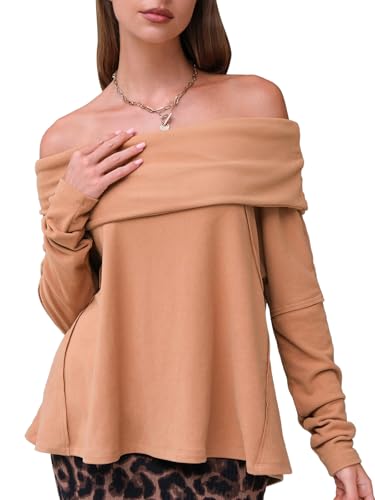 Womens Long Sleeve Off Shoulder Shirts Fall Loose Casual Oversized Going Out Tops Outfits 2025 Trendy Clothes