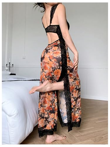 Women's Lace Sexy Long Nightgown High Slit Floral Mesh Slip Dress Chemise Nightdress