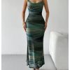Women's Tie Dye Mesh Maxi Dress Cowl Neck Backless Sexy Bodycon Party Long Dress