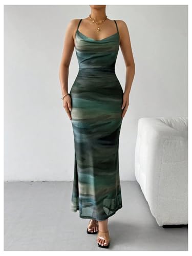 Women's Tie Dye Mesh Maxi Dress Cowl Neck Backless Sexy Bodycon Party Long Dress