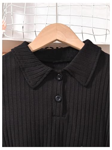 Girl's Ribbed Long Sleeve PU Leather Patchwork Belted A Line Flowy Skater Dress