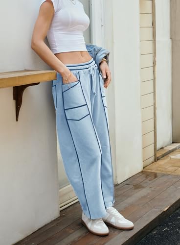 Womens Baggy Wide Leg Pants Casual Summer Palazzo Pants Drawstring Waist Barrel Sweatpants with Pockets