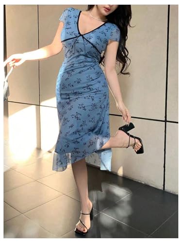 Women's Summer Floral Mesh Midi Dress Short Sleeve V Neck Fit and Flare Sundress