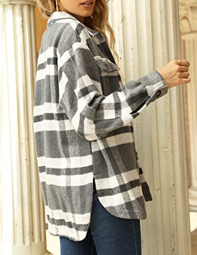 Womens Fall Flannel Plaid Shacket Jacket Wool Blend Button Down Shirt Coat Tops(#2 Grey-L)