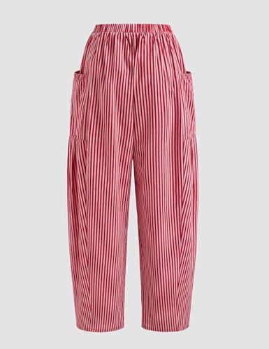 Women Wide Leg Pants Casual Striped Cotton Mid Rise Drawstring Palazzo Trousers with Pockets