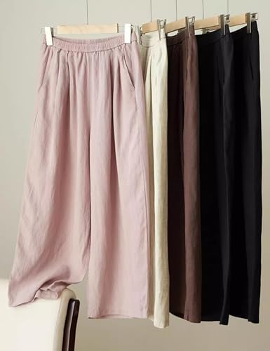 Womens Linen Pants Summer Casual Capris Cropped Wide Leg Beach Trousers with Pockets