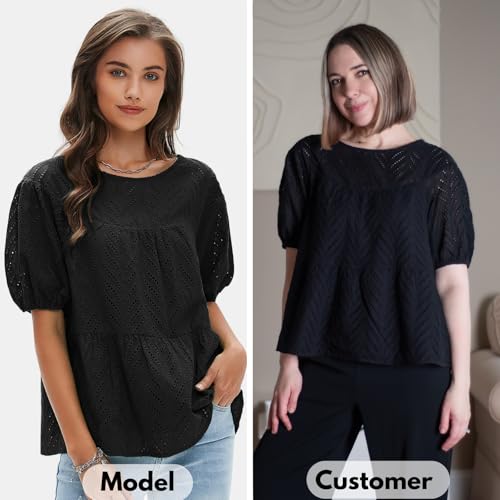 Women's Summer Tops Dressy Casual Short Lantern Sleeve Shirts Crew Neck Hollow Out Lace Embroidered Blouses Shirts