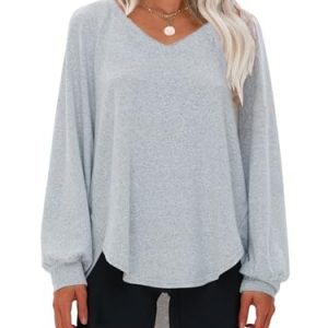 Womens Spring Oversized V Neck Tunic Tops 2025 Casual Long Sleeve Shirts Lightweight Soft Sweater Curved Hem T Shirts