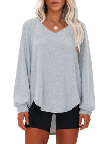 Womens Spring Oversized V Neck Tunic Tops 2025 Casual Long Sleeve Shirts Lightweight Soft Sweater Curved Hem T Shirts