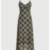 Women's Mesh Spaghetti Strap Long Plaid Dress V Neck Vintage Flared Cami Dress
