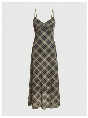 Women's Mesh Spaghetti Strap Long Plaid Dress V Neck Vintage Flared Cami Dress