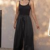 Women Linen Cotton Wide Leg Pants Drawstring Elastic High Waist Casual Palazzo Trousers with Deep Pockets