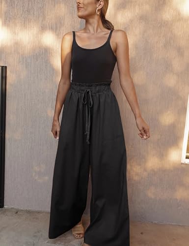 Women Linen Cotton Wide Leg Pants Drawstring Elastic High Waist Casual Palazzo Trousers with Deep Pockets