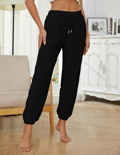Womens Fleece Pajama Pants Warm Fuzzy Cozy Mens Sleep Bottoms With Pockets(-Black-M)