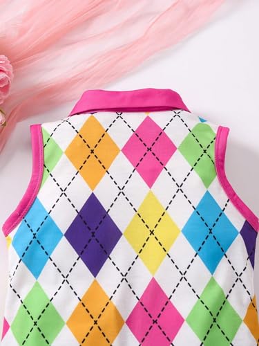Girl's Geometric Colorblock Collared Tank Dress Sleeveless Button Down Dress