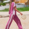 Womens Summer 2 Piece Outfits Color Block Short Sleeve Tops Tracksuit Wide Leg Pants Matching Set Lounge Sets 2025