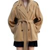 Women's Wool Blend Pea Coat Notch Lapel Double Breasted Winter Loose Short Button Belt Outerwear Jacket